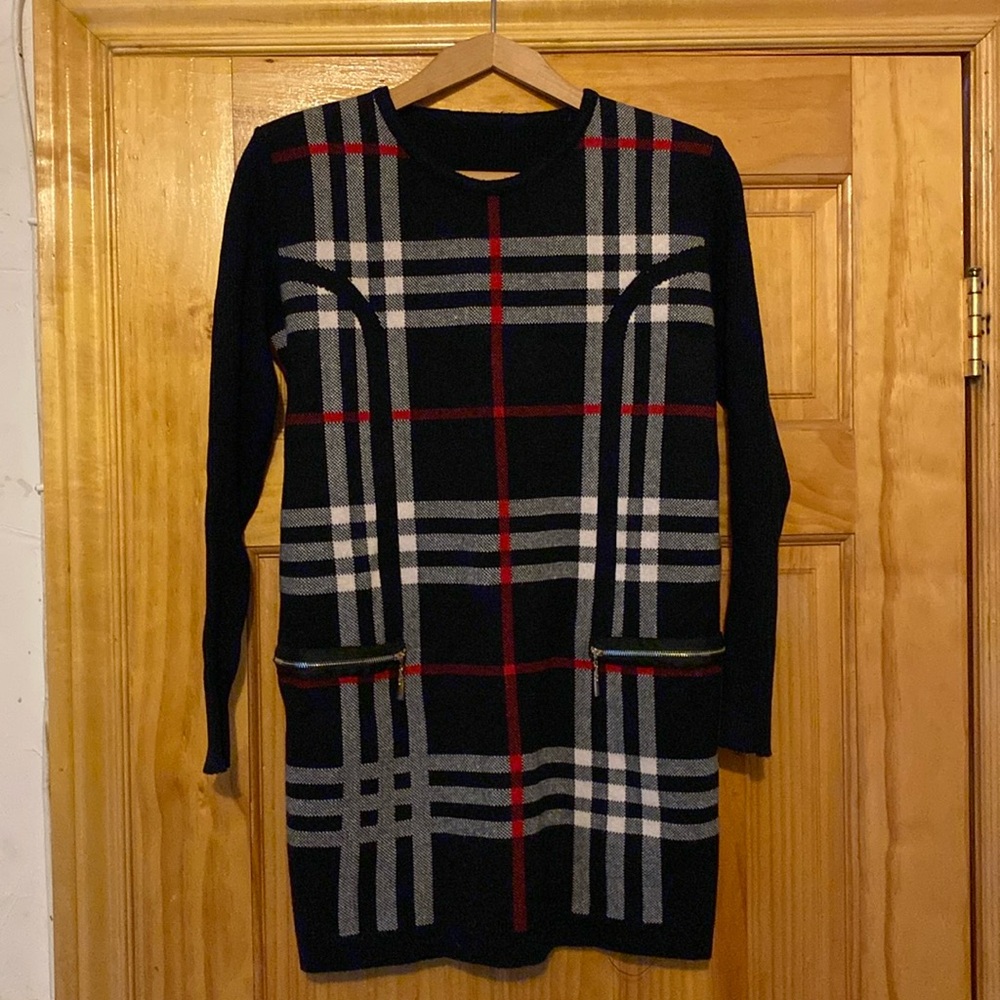 Dark Blue Red White Striped Stretch Long Sweater